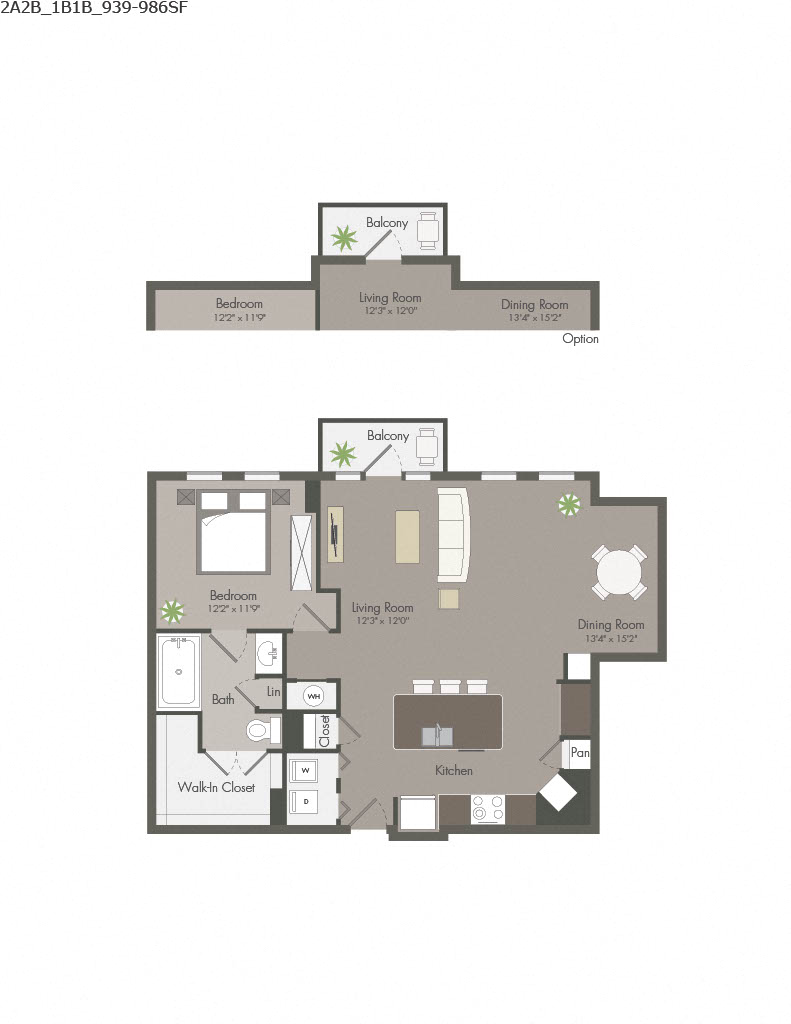 Floor plan for 1 bed, 1 bath, 939 sqft